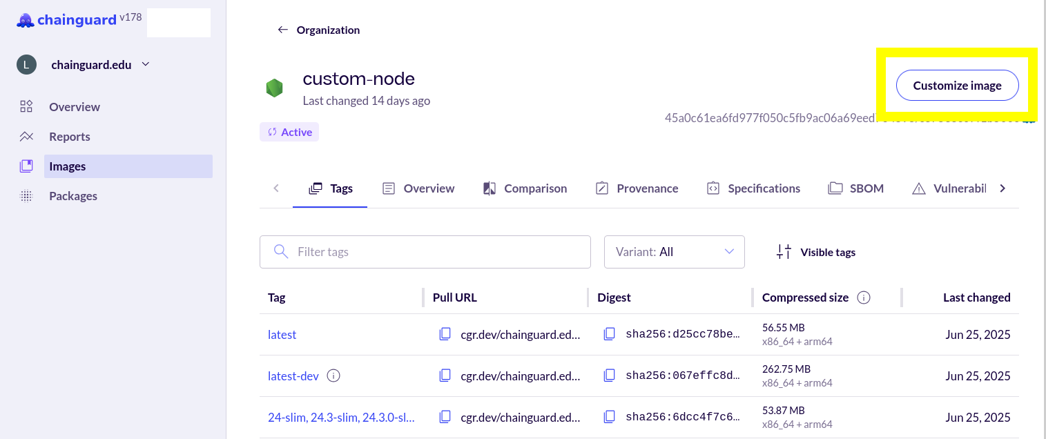 Screenshot of a Custom Assembly container (named 'custom-node') page with the 'Customize Container' button highlighted in a yellow box.