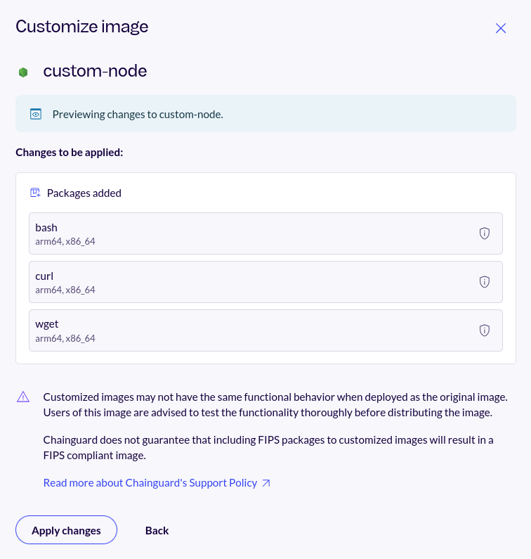 Screenshot of the custom-node image's customization preview. It shows three packages selected: bash, curl, and wget.