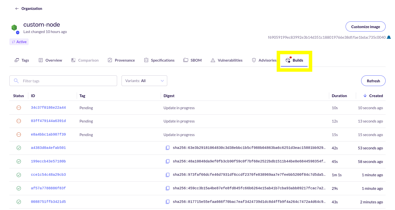 Screenshot of a Custom Assembly container image's Builds tab, with the Builds tab highlighted in a yellow box.